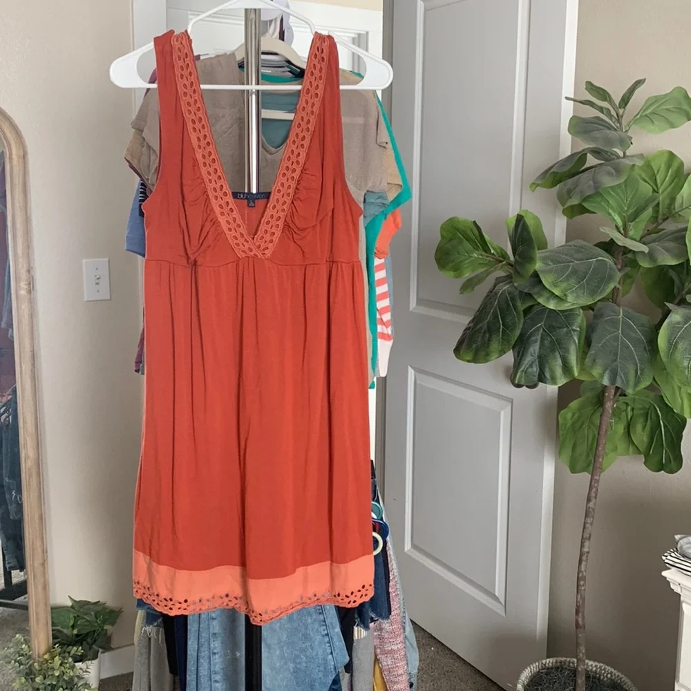 BlueHeaven babydoll rust color mini dress boho beach lace trim size Lg (juniors) - Picture 1 of 7